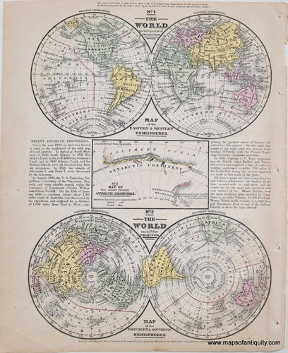 Antique-Hand-Colored-Map-No.-1-The-World-on-an-Equatorial-Projection-&-No.-2-The-World-on-a-Polar-Projection-World-Polar--1839-Mitchell-Maps-Of-Antiquity