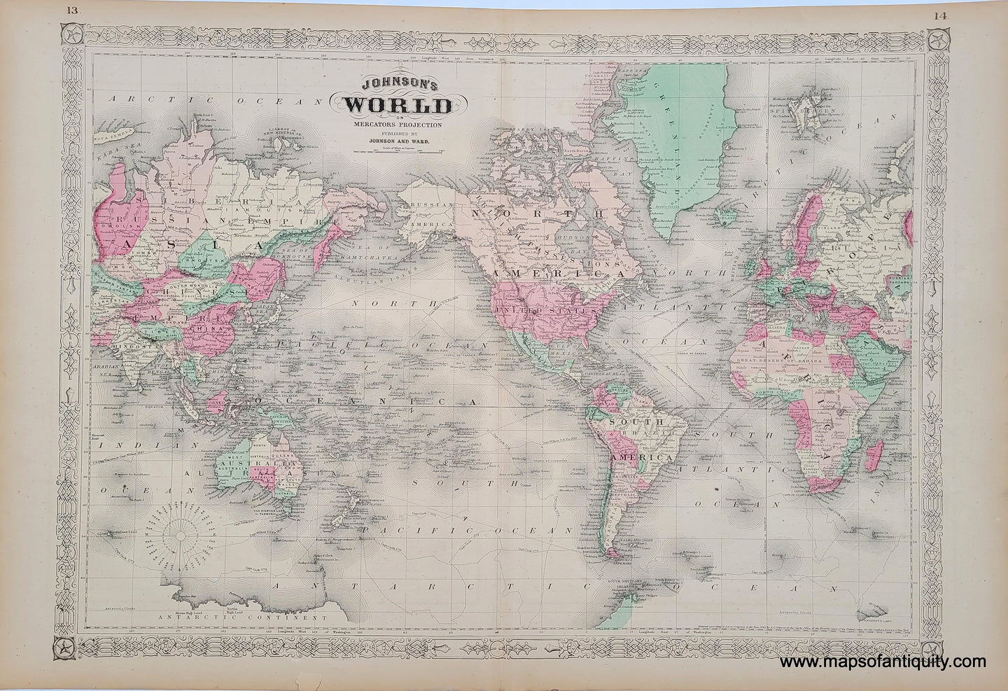 Antique-Hand-Colored-Map-Johnson's-World-on-Mercators-Projection-World--1865-Johnson-Maps-Of-Antiquity