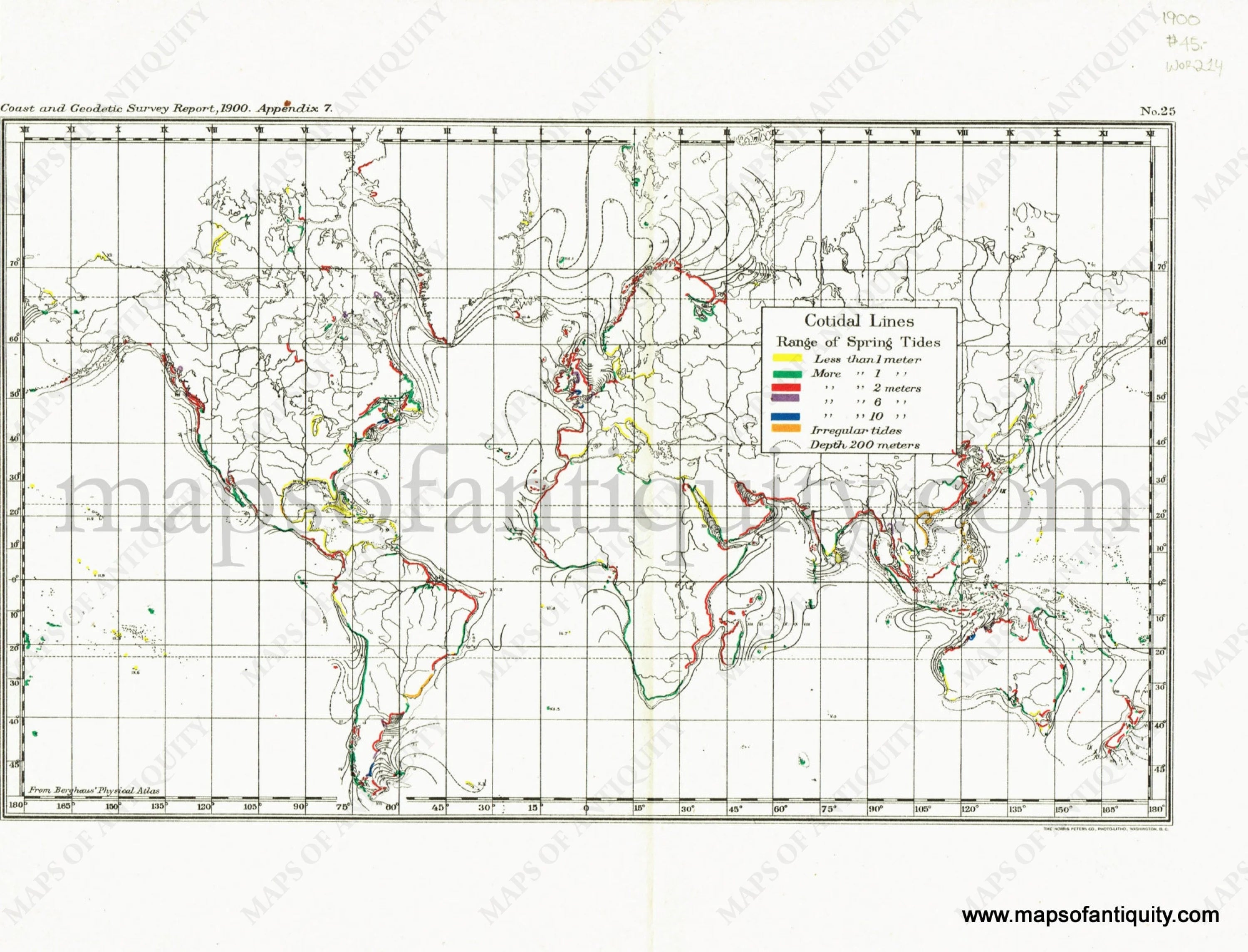1900 - World Map Showing Cotidal Lines and Range of Spring Tides (Appe ...