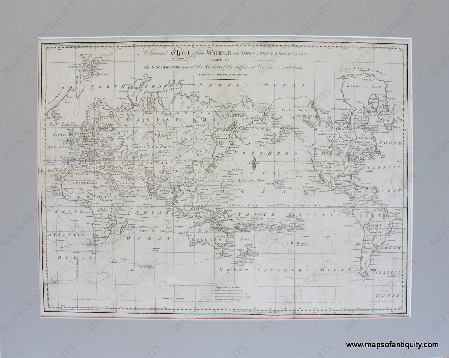 Antique-Black-and-White-Map-A-General-Chart-of-the-World-on-Mercator's-Projection-Exhibiting-All-the-New-Discoveries-and-the-Tracks-of-the-Different-Circum-Navigators.-******-World--1797-Malham-Maps-Of-Antiquity