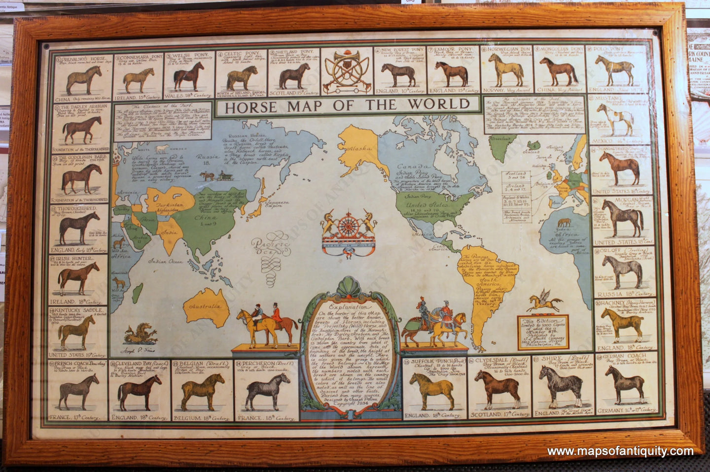 Framed-Antique-Printed-Color-Map-Horse-Map-of-the-World-******-World--1934-J.L.-Smith-Company-Maps-Of-Antiquity