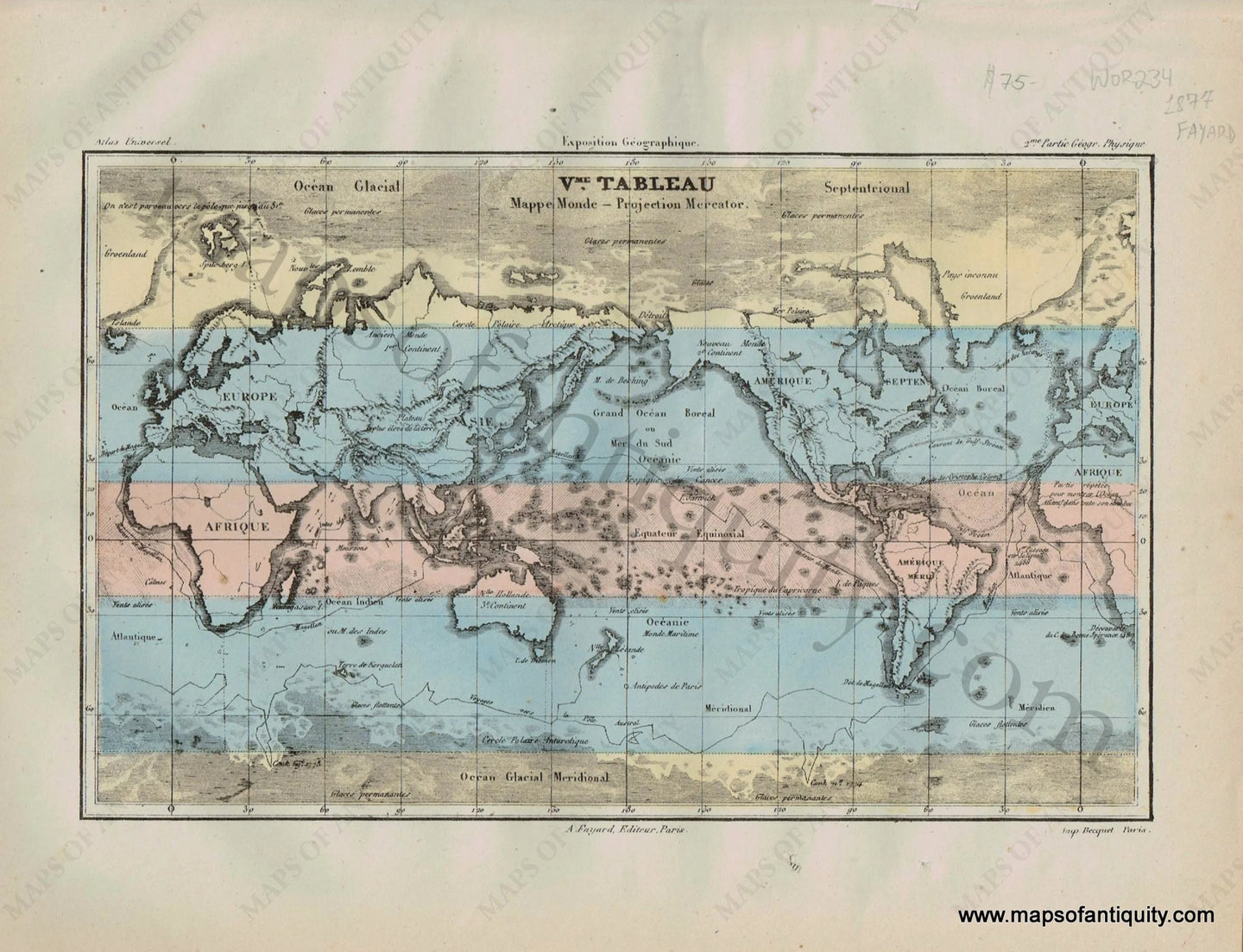 Antique-Mappe-Monde-Tableau-Projection-Mercator-World-Global-Fayard-Atlas-Universel-French-1877-1870s-1800s-Mid-Late-19th-Century-Maps-of-Antiquity