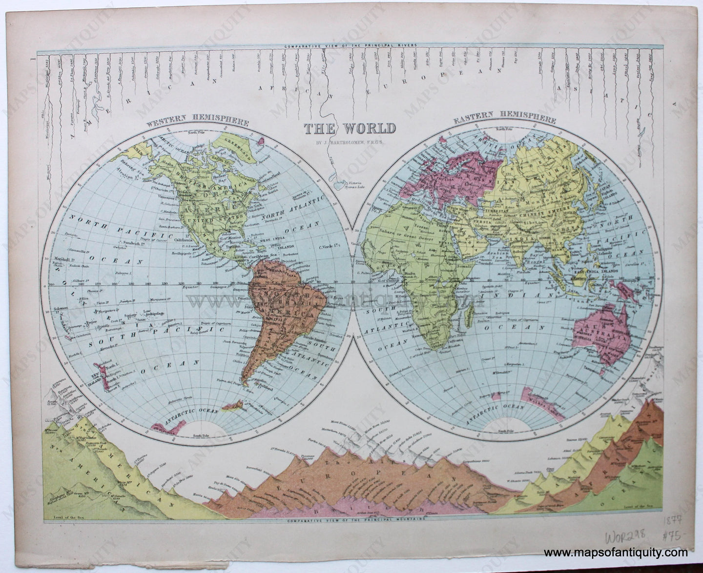 Antique-Printed-Color-Map-The-World,-Verso:-The-World-on-Mercator's-Projection-1877-Bartholomew-1800s-19th-century-Maps-of-Antiquity