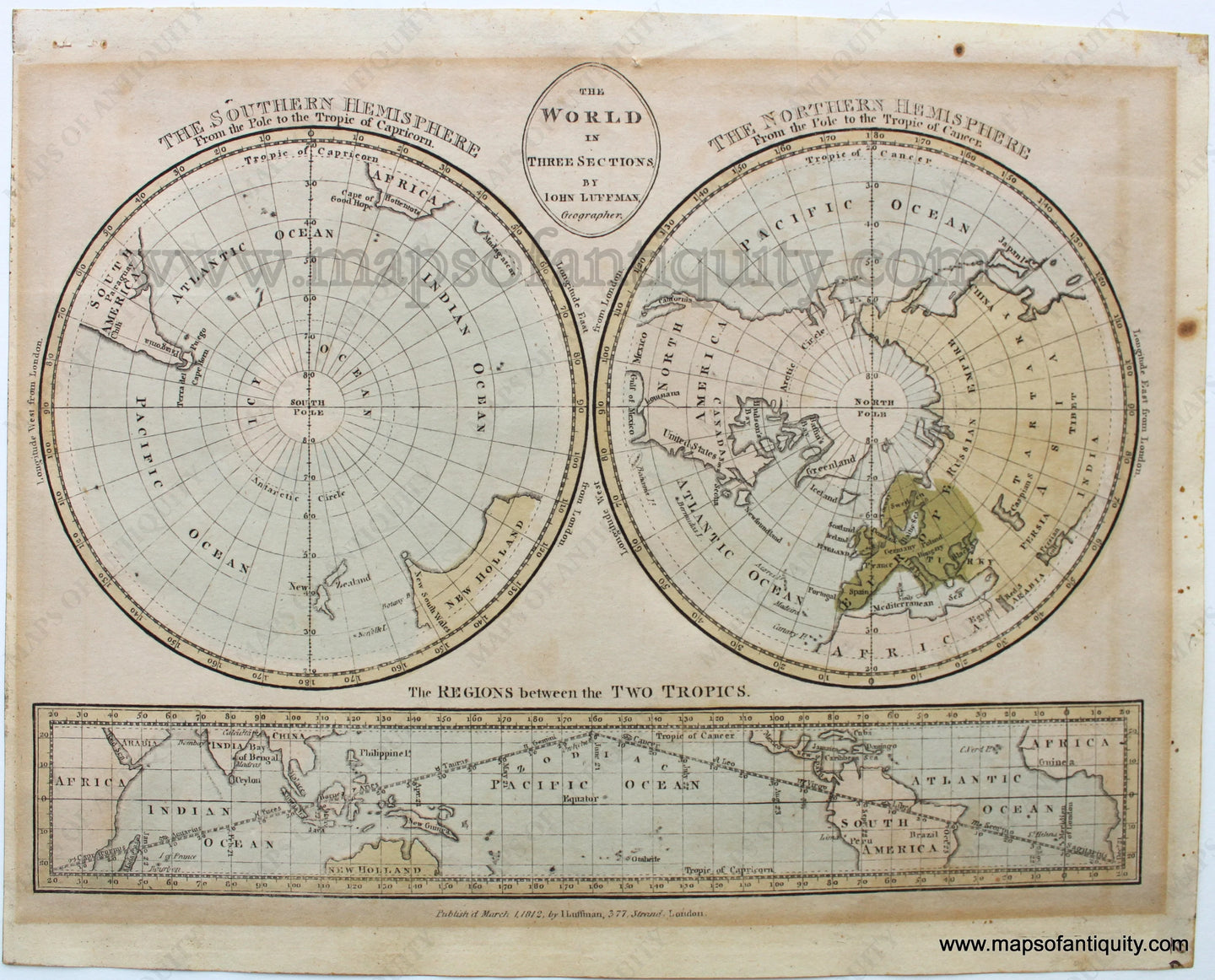 Antique-Hand-Colored-Map-The-World-in-Three-Sections-1812-John-Luffman-1800s-19th-century-Maps-of-Antiquity