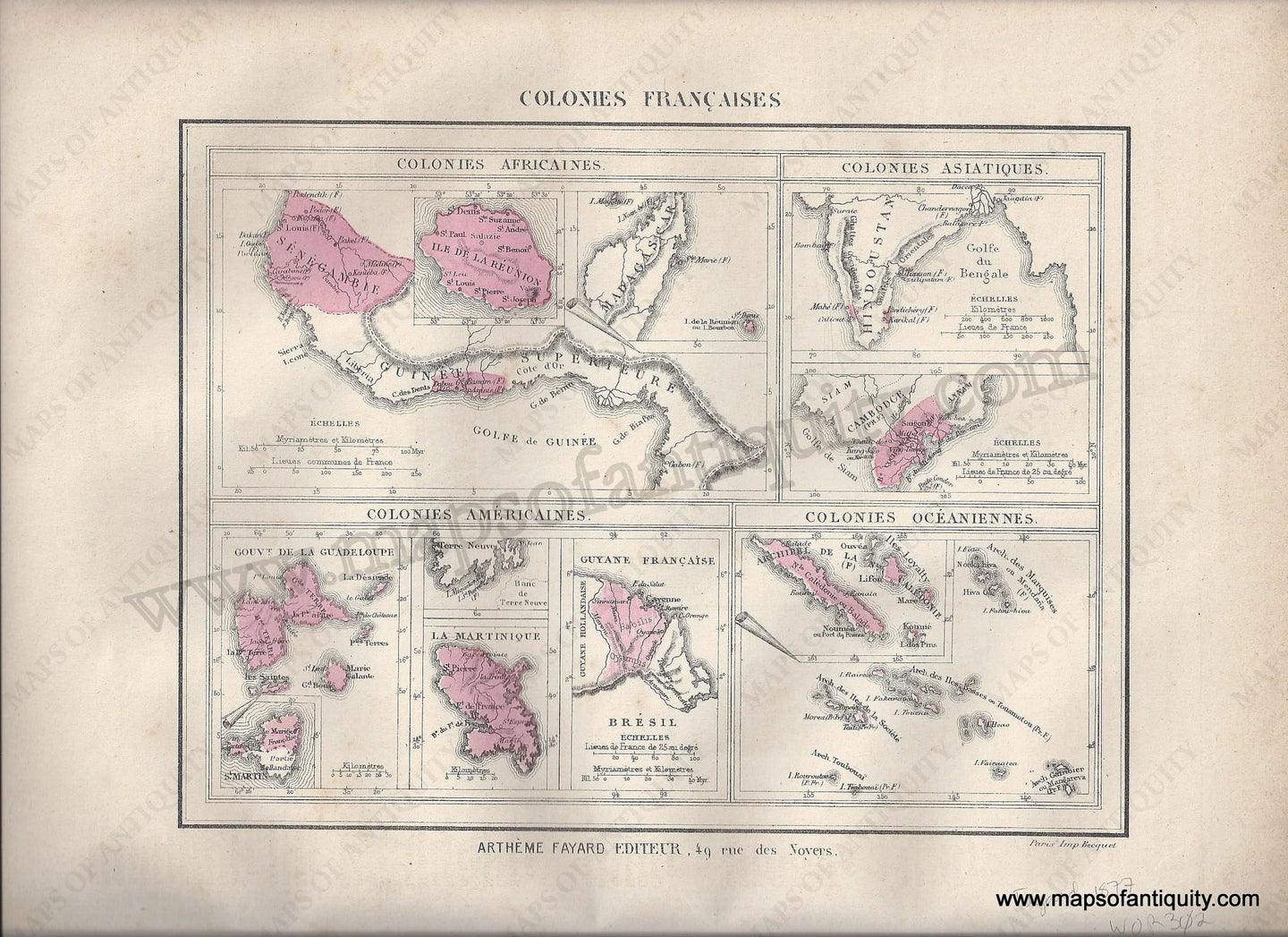 Antique-Hand-Colored-Map-Colonies-Francaises-1877-Fayard-1800s-19th-century-Maps-of-Antiquity