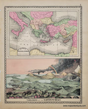 Load image into Gallery viewer, Antique double-sided sheet from Tunison&#39;s Peerless Universal Atlas of the World, 1887 by H.C. Tunison. On one side is a map of the Western Hemisphere with flags and comparative rivers and mountains, on the other side is a map of the Mediterranean with St Paul&#39;s route, and a fictional view created to show the variations of the earth&#39;s surface including a city, volcano, and rainbow. Vibrant original color. 
