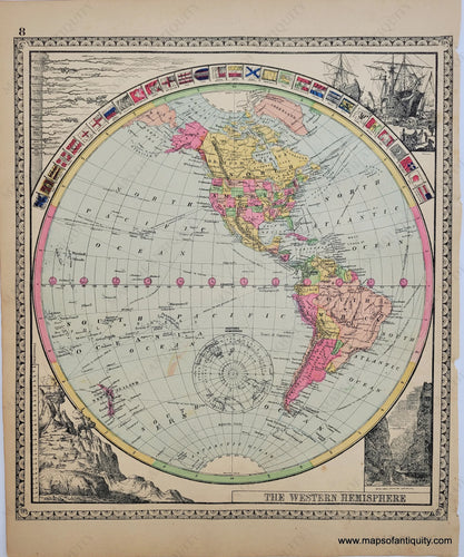 Antique double-sided sheet from Tunison's Peerless Universal Atlas of the World, 1887 by H.C. Tunison. On one side is a map of the Western Hemisphere with flags and comparative rivers and mountains, on the other side is a map of the Mediterranean with St Paul's route, and a fictional view created to show the variations of the earth's surface including a city, volcano, and rainbow. Vibrant original color. 