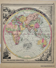 Load image into Gallery viewer, Antique double-sided sheet from Tunison&#39;s Peerless Universal Atlas of the World, 1887 by H.C. Tunison. On one side is a map of the Eastern Hemisphere with flags and comparative rivers and mountains, on the other side is a map of Palestine and a view of the Holy Land with numbered key. Vibrant original color. 
