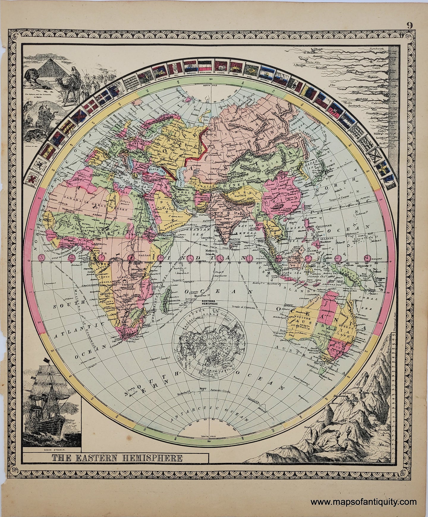 Antique double-sided sheet from Tunison's Peerless Universal Atlas of the World, 1887 by H.C. Tunison. On one side is a map of the Eastern Hemisphere with flags and comparative rivers and mountains, on the other side is a map of Palestine and a view of the Holy Land with numbered key. Vibrant original color. 