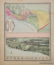 Load image into Gallery viewer, Antique double-sided sheet from Tunison&#39;s Peerless Universal Atlas of the World, 1887 by H.C. Tunison. On one side is a map of the Eastern Hemisphere with flags and comparative rivers and mountains, on the other side is a map of Palestine and a view of the Holy Land with numbered key. Vibrant original color. 
