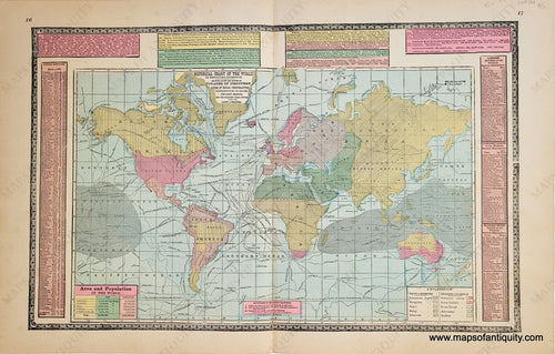 Antique-Map-Historical-Chart-of-the-World-on-Mercator's-Projection-showing-dates-and-routes-of-Voyages-of-Discovery-Lines-of-Equal-Temperature-Distribution-of-Races-Prevailing-Religions-and-the-Greatest-Ocean-Depths-from-the-Latest-Authorities-World--1883-Tunison-Maps-Of-Antiquity-1800s-19th-century