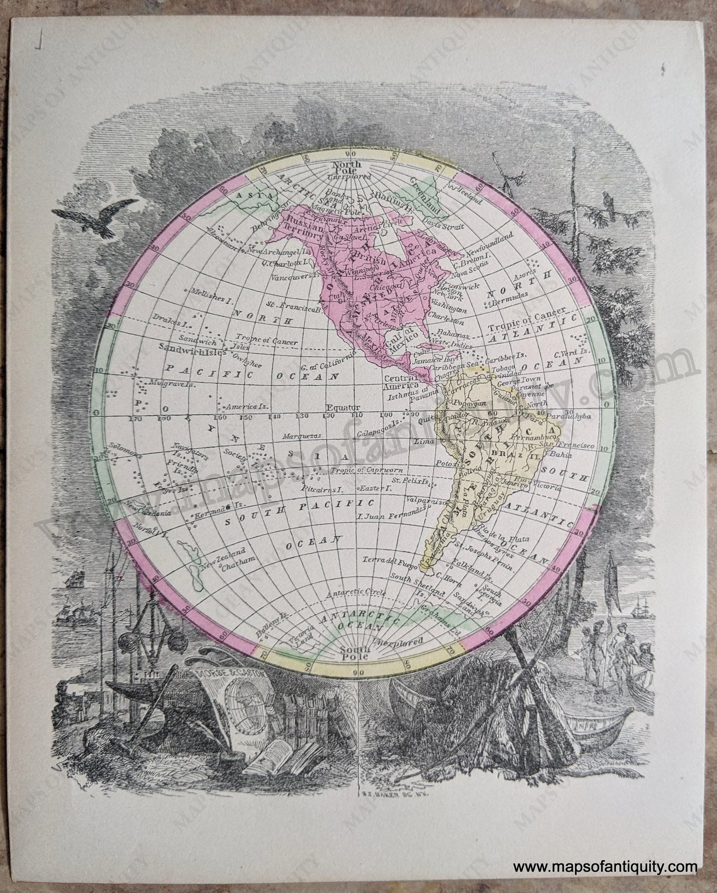 Antique-Hand-Colored-Map-Western-Hemisphere-World--1857-Morse-and-Gaston-Maps-Of-Antiquity-1800s-19th-century