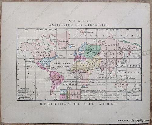 Antique-Hand-Colored-Map-Chart-Exhibiting-the-Prevailing-Religions-of-the-World-World--1857-Morse-and-Gaston-Maps-Of-Antiquity-1800s-19th-century