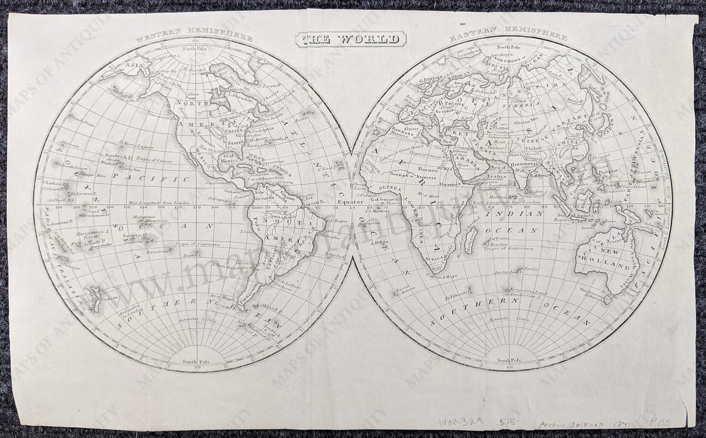 Genuine-Antique-Map-The-World-World--1841-Perkins-/-Belknap-Maps-Of-Antiquity-1800s-19th-century