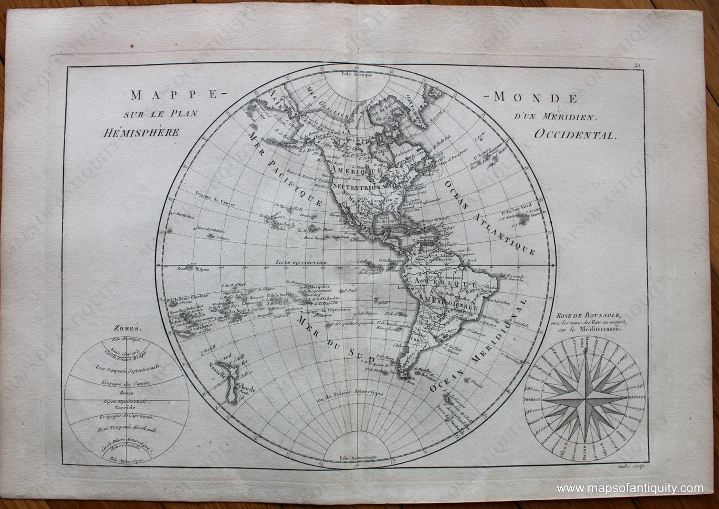 1787 - Mappe-Monde Sur Le Plan D’un Meridien Hemisphere Occidental Antique Map Genuine