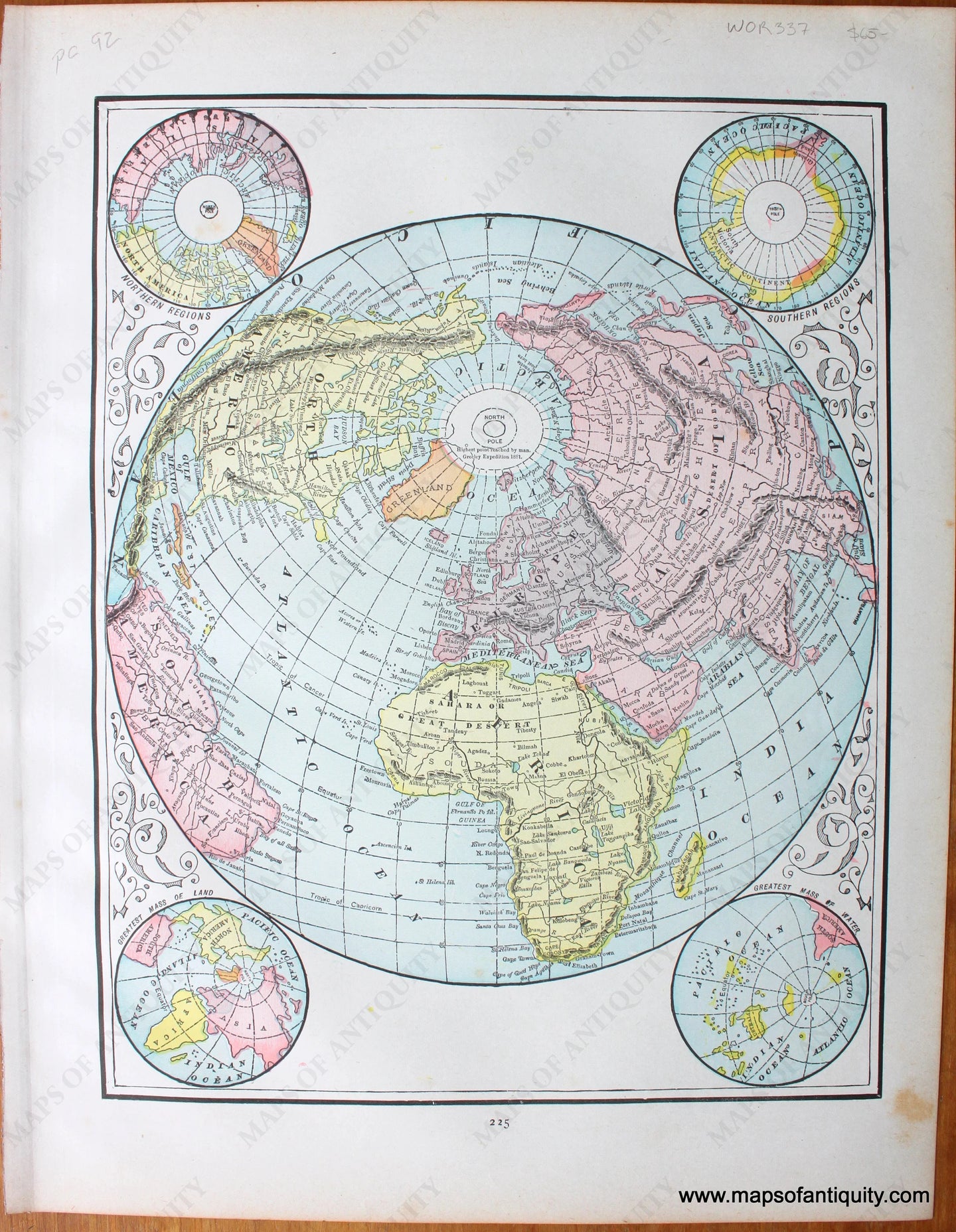 Genuine-Antique-Printed-Color-Comparative-Chart-Untitled-(World-on-a-Polar-Projection);-verso-Western-Hemisphere-World--1892-Home-Library-&-Supply-Association-Maps-Of-Antiquity-1800s-19th-century