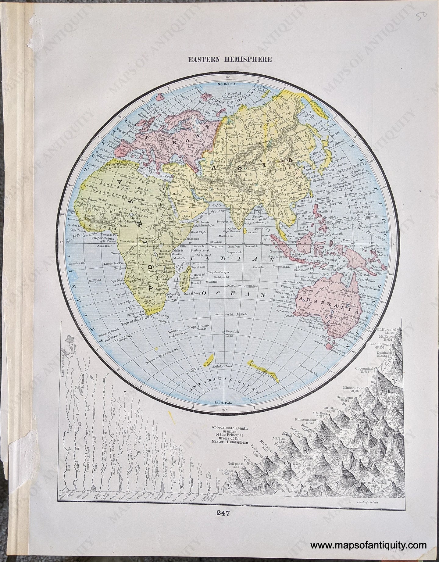 Genuine-Antique-Printed-Color-Comparative-Chart-Eastern-Hemisphere-World--1892-Home-Library-&-Supply-Association-Maps-Of-Antiquity-1800s-19th-century