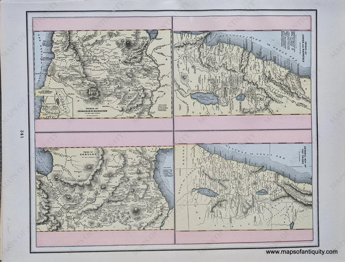 Genuine-Antique-Printed-Color-Comparative-Chart-Four-maps:-Tribes-of-Asher-and-Naphtali-General-Map-of-the-Tribes-Tribes-of-Issachar-&-Manasseh-Tribe-of-Zebulon;-verso:-Four-maps:-Judea-according-to-the-Accropiphal-Books-Judea-or-Palestine-Illustrating-the-History-of-the-New-Testament-Voyages-and-Travels-of-St-Paul-Diagrams-Illustrating-the-Principal-Events-of-Crucifixion-Week.-World--1892-Home-Library-&-Supply-Association-Maps-Of-Antiquity-1800s-19th-century