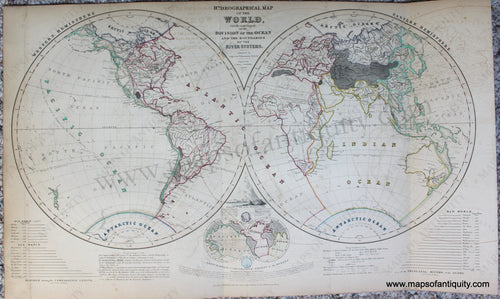 Genuine-Antique-Map-Hydrographical-Map-of-the-World-Chiefly-with-regard-to-the-Division-of-the-Ocean-and-the-Boundaries-of-the-River-Systems.-World--1850-Petermann-/-Orr-/-Dower-Maps-Of-Antiquity-1800s-19th-century