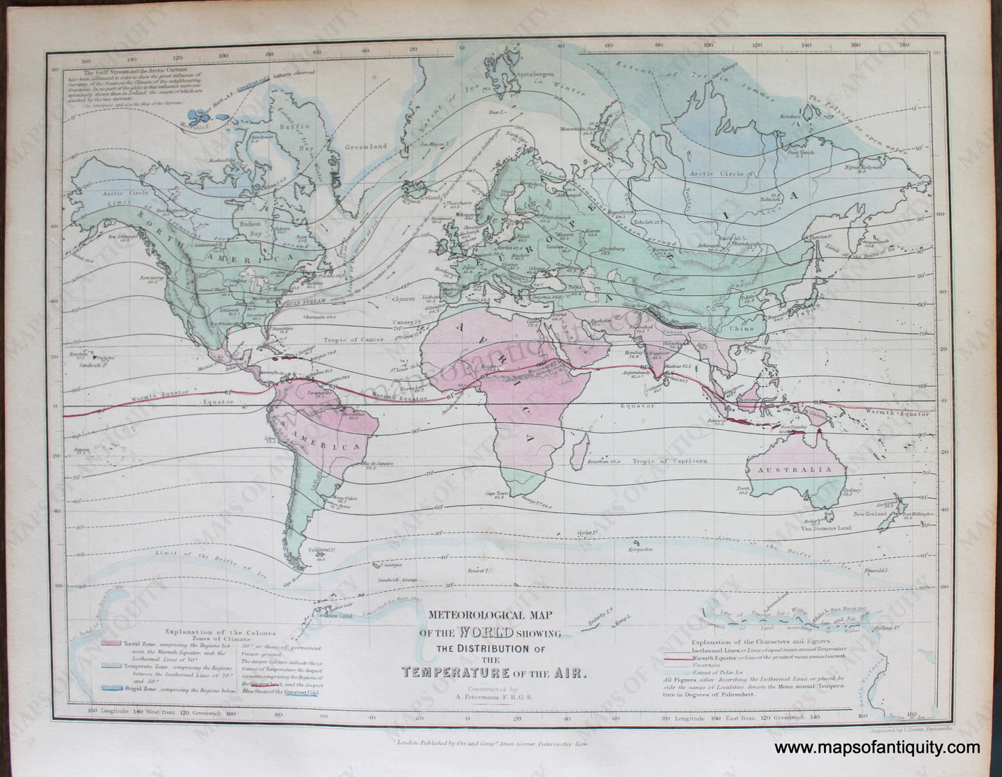 Genuine-Antique-Map-Meteorological-Map-of-the-World-showing-the-Distribution-of-the-Temperature-of-the-Air.-World--1850-Petermann-/-Orr-/-Dower-Maps-Of-Antiquity-1800s-19th-century