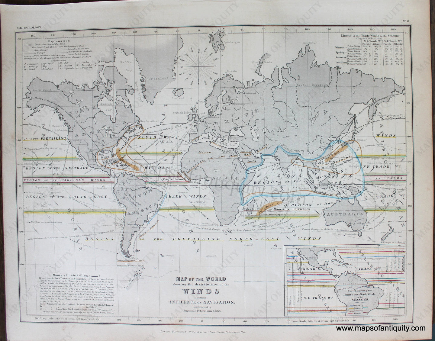 Genuine-Antique-Map-Map-of-the-World-showing-the-Distribution-of-the-Winds-and-their-Influence-on-Navigation-World--1850-Petermann-/-Orr-/-Dower-Maps-Of-Antiquity-1800s-19th-century