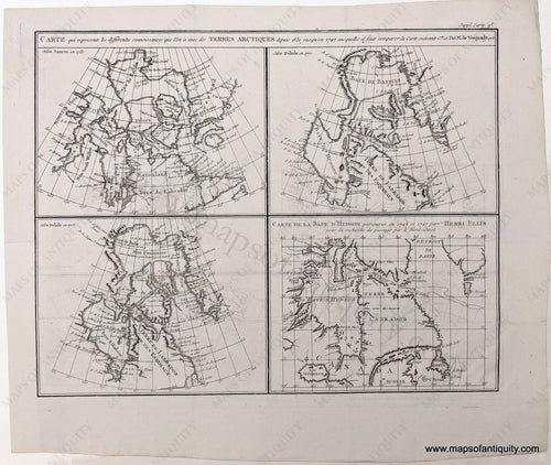 Genuine Antique Uncolored Map-Carte qui represente les differentes connoissances que l'on a eues des Terres Arctiques depuis 1650 jusqu'en 1747 ausquelles il faut comparer le Carte suivante c.te 10 Par M. de Vaugondy 1773-c. 1773-Vaugondy / Diderot-Maps-Of-Antiquity