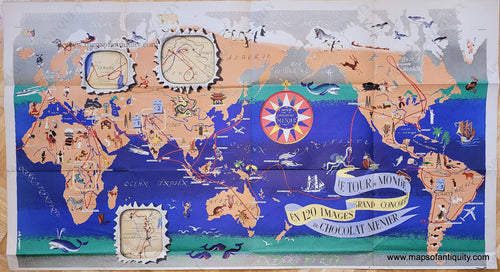 Genuine-Antique-Pictorial-Map-Le-Tour-du-Monde-en-120-Images-Grand-Concours-du-Chocolat-Menier-1956-J.B.-Jannot-/-Menier-Chocolat-Maps-Of-Antiquity