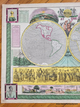 Load image into Gallery viewer, Vibrantly colored antique map of the world with numerous illustrations and diagrams around it. This map, in colors of green, yellow, pink, and blue, was published and hand-colored in 1847 by Ensign, Thayer, and Phelps.
