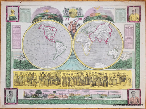 Vibrantly colored antique map of the world with numerous illustrations and diagrams around it. This map, in colors of green, yellow, pink, and blue, was published and hand-colored in 1847 by Ensign, Thayer, and Phelps.