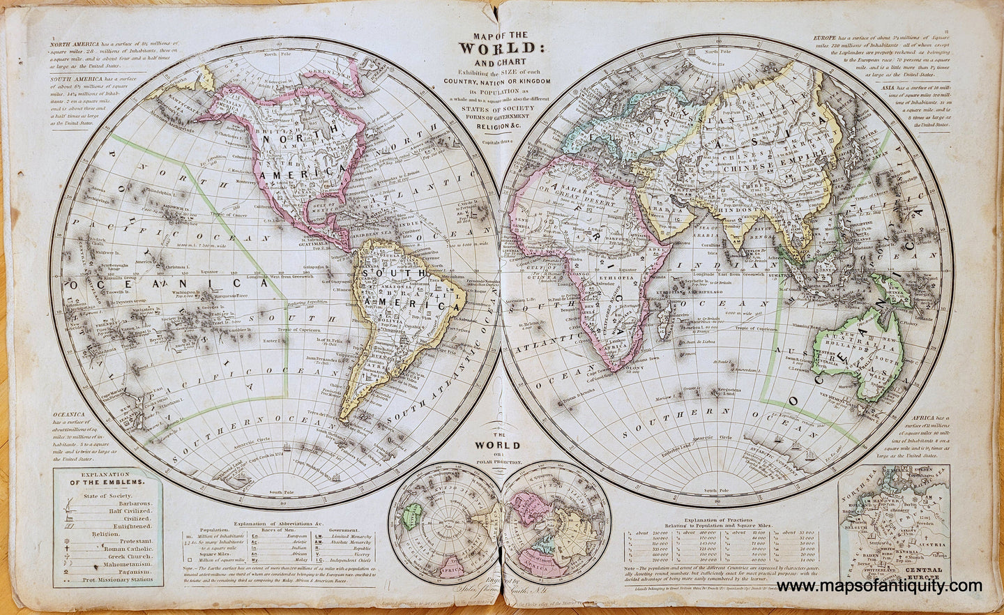 Genuine-Antique-Map-Map-of-the-World-and-Chart-Exhibiting-the-Size-of-each-Country-Nation-or-Kingdom-its-Population-as-a-whole-and-to-a-square-mile-also-the-different-States-of-Society-Forms-of-Government-Religion-&c--1839-Smith-Paine-Burgess-Maps-Of-Antiquity