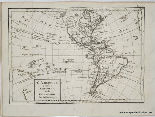 Black and white antique map of North and South America from the mid-1700s when much was still unknown especially of the Pacific and northwest North America