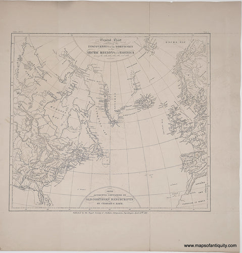 Antique black and white map printed on tan antique paper. Map is centered on Greenland (at top) and includes parts of North America and Europe. Latitude and longitude grid. Viking place names.