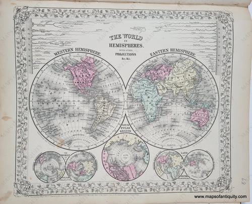 Antique map of the world in hemispheres with antique tones of pink, yellow, green.