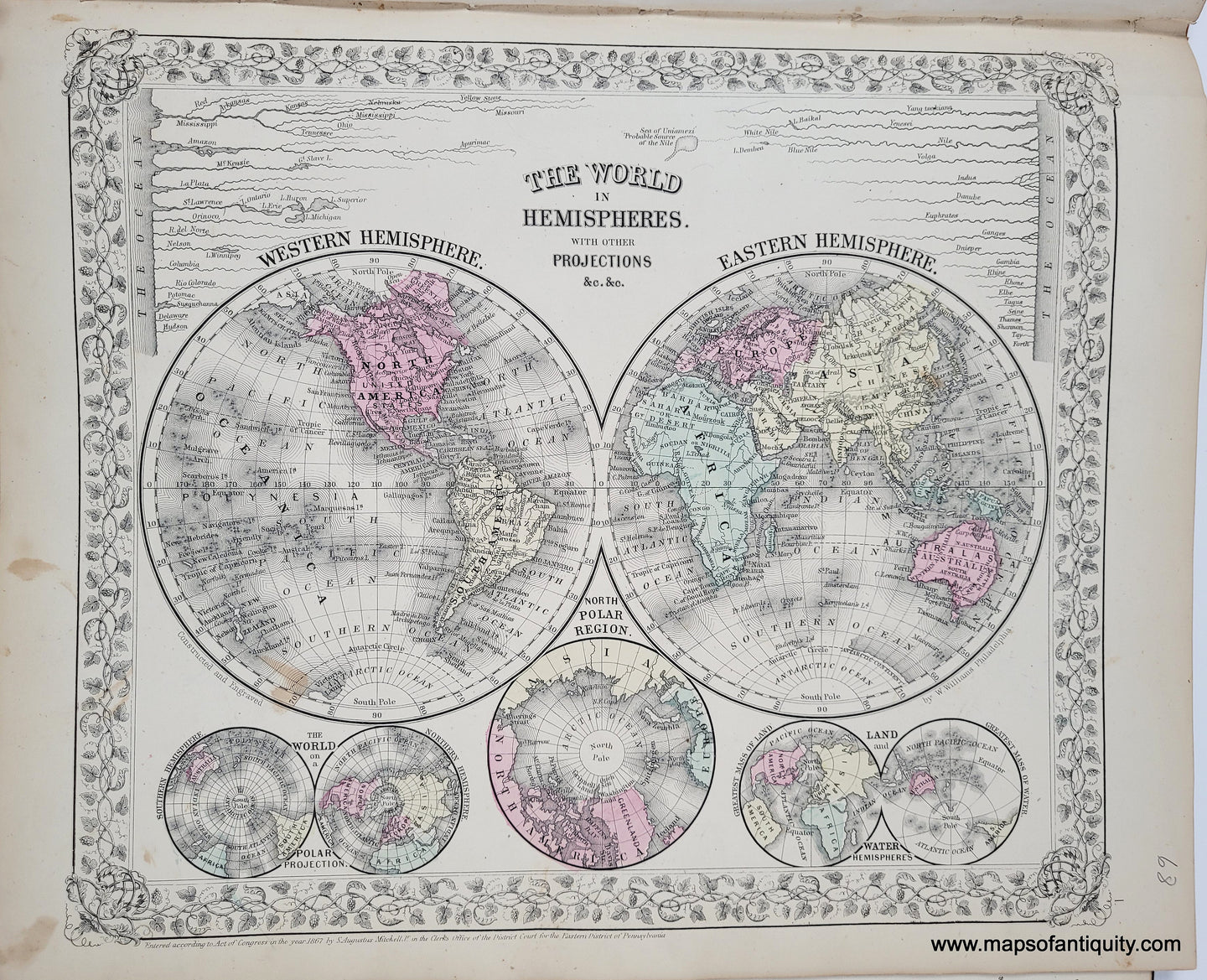 Antique map of the world in hemispheres with antique tones of pink, yellow, green.