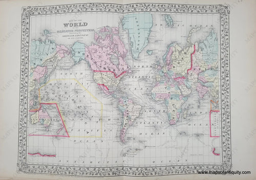 1868 - Map Of The World On Mercator Projection Exhibiting American Continent As It’s Centre.