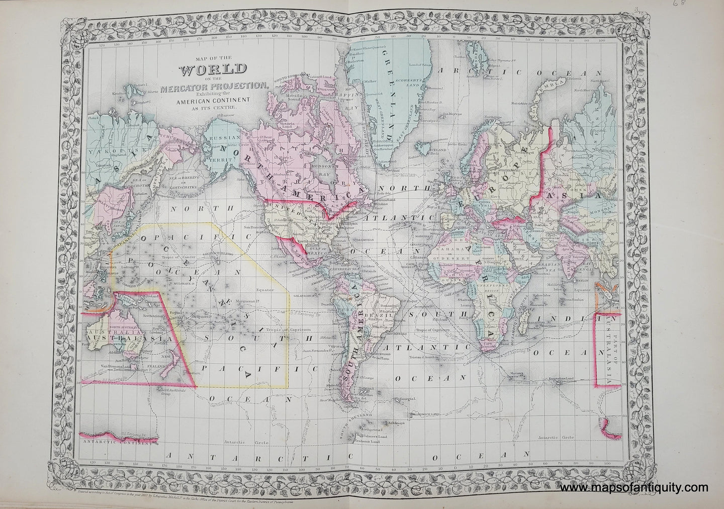 1868 - Map of the World on the Mercator Projection, Exhibiting the American Continent as it's Centre. - Antique Map