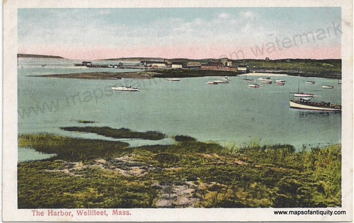 Antique color postcard of Wellfleet Harbor with boats in the water and buildings in the distance