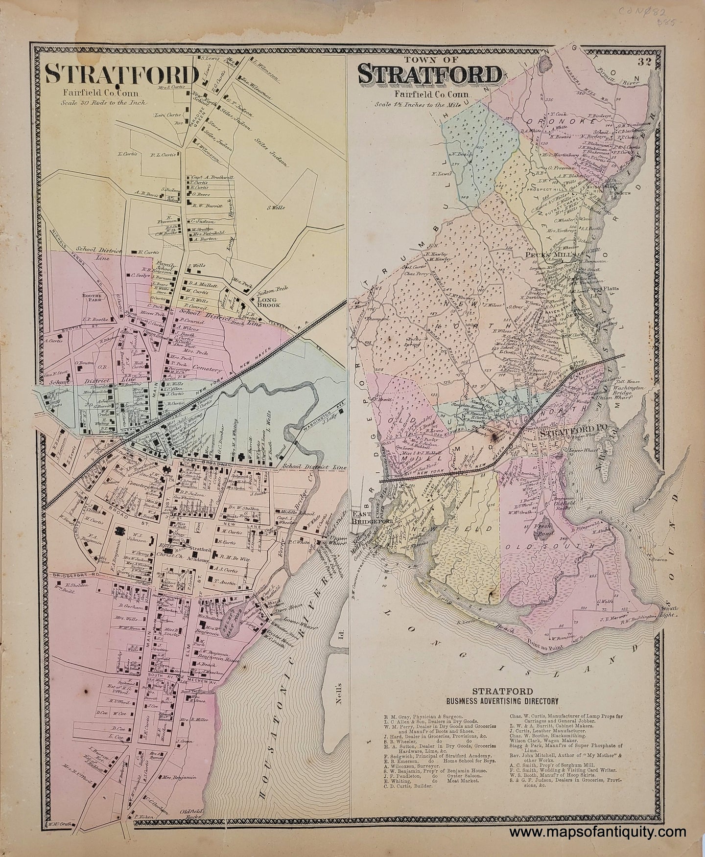 Antique-Hand-Colored-Map-Stratford/Town-of-Stratford-CT-Connecticut-1867-Beers-Maps-Of-Antiquity