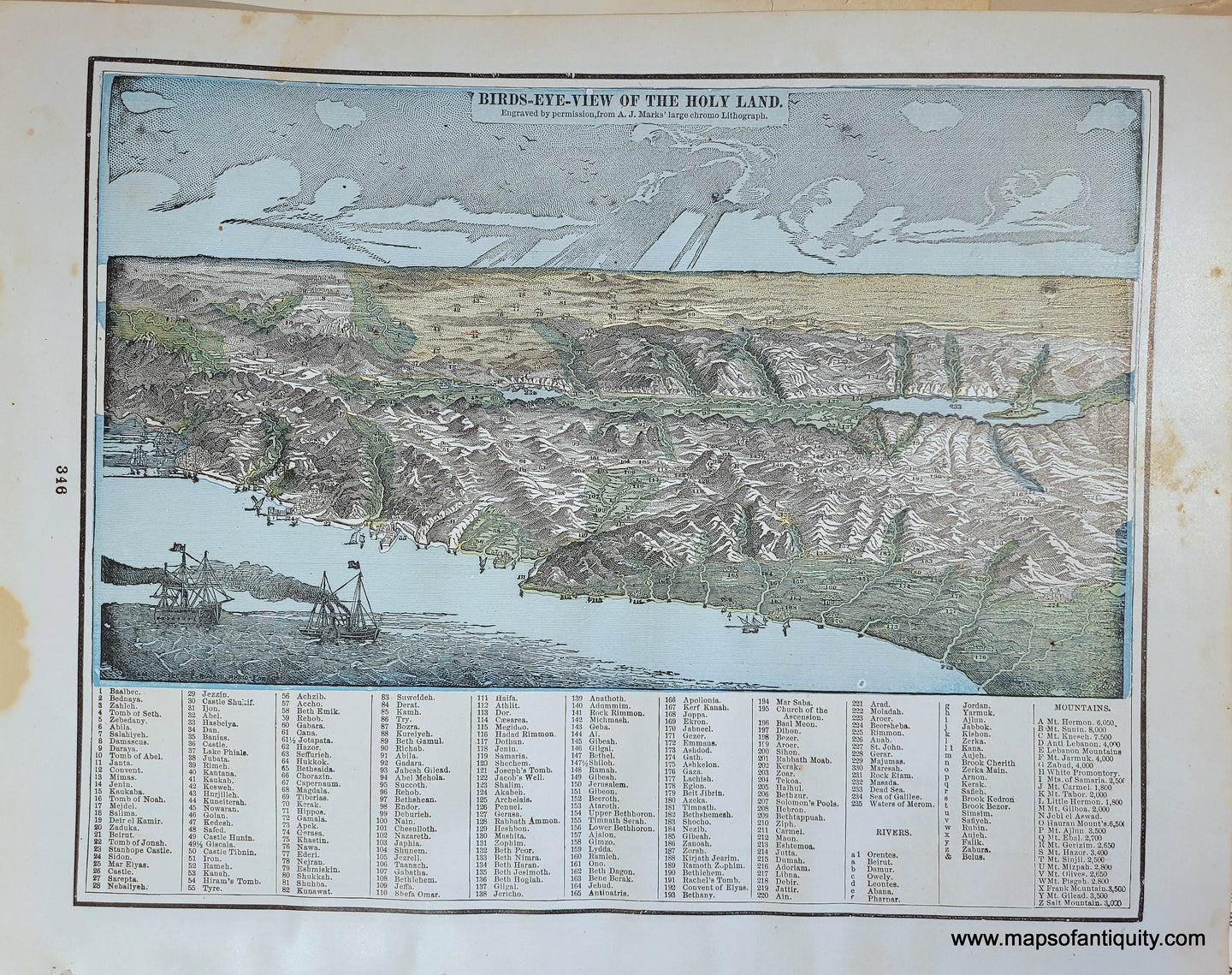 Printed blue and green color. View with water in foreground, mountains, cities. Genuine-Antique-Printed-Color-Comparative-Chart-Four-maps:-Tribes-of-Cad-and-Reuben-Land-of-Moriah-ro-Environs-of-Jerusalem-Plan-of-the-City-of-Jerusalem-Plans-of-Temples;-verso:-Bird's-Eye-View-of-the-Holy-Land-World--1892-Home-Library-&-Supply-Association-Maps-Of-Antiquity-1800s-19th-century