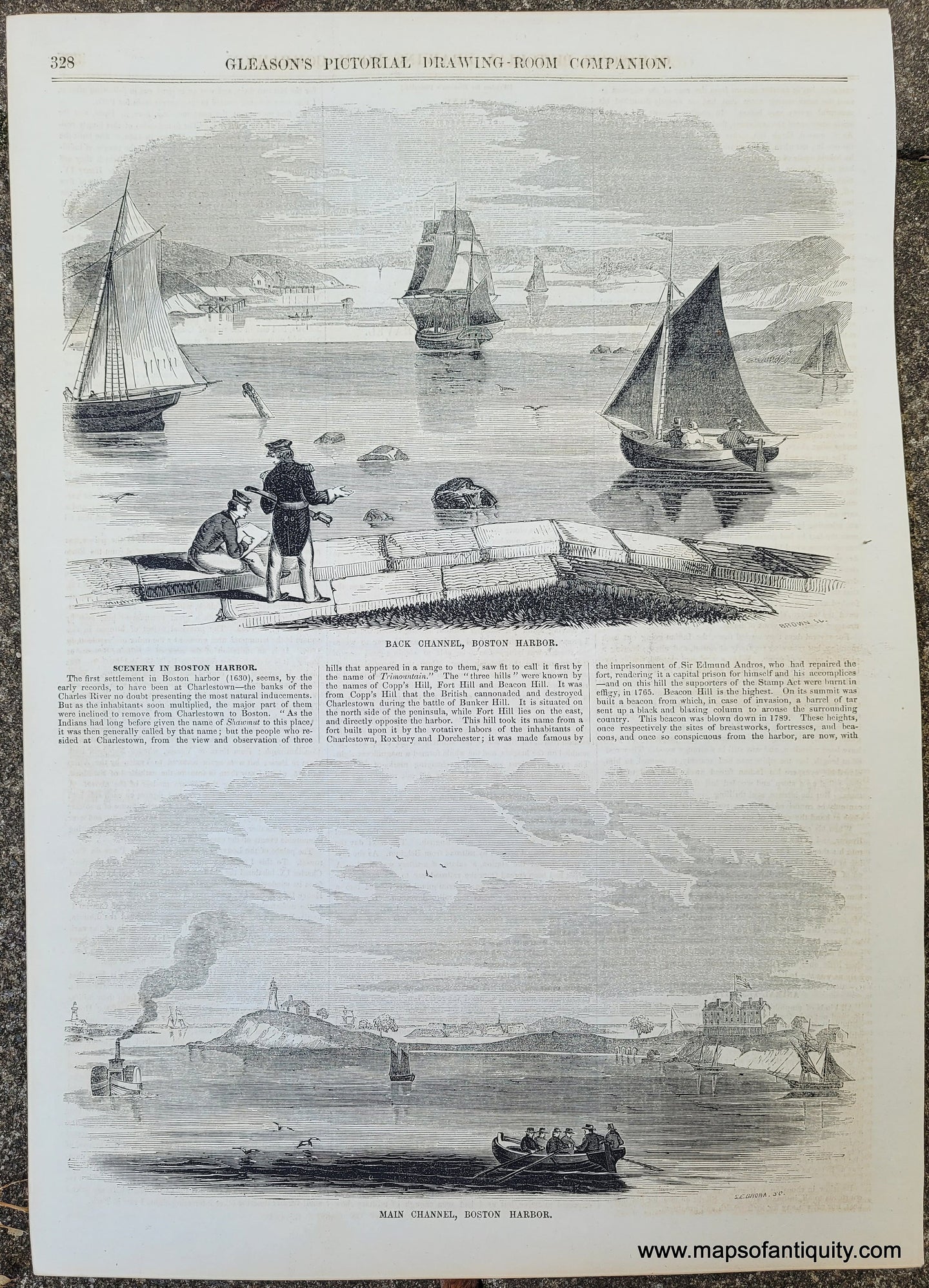 Genuine-Antique-Illustration-Print-Scenery-in-Boston-Harbor:-Back-Channel-and-Main-Channel-1854-Gleason's-Pictorial-Drawing-Room-Companion-PRN077-Maps-Of-Antiquity