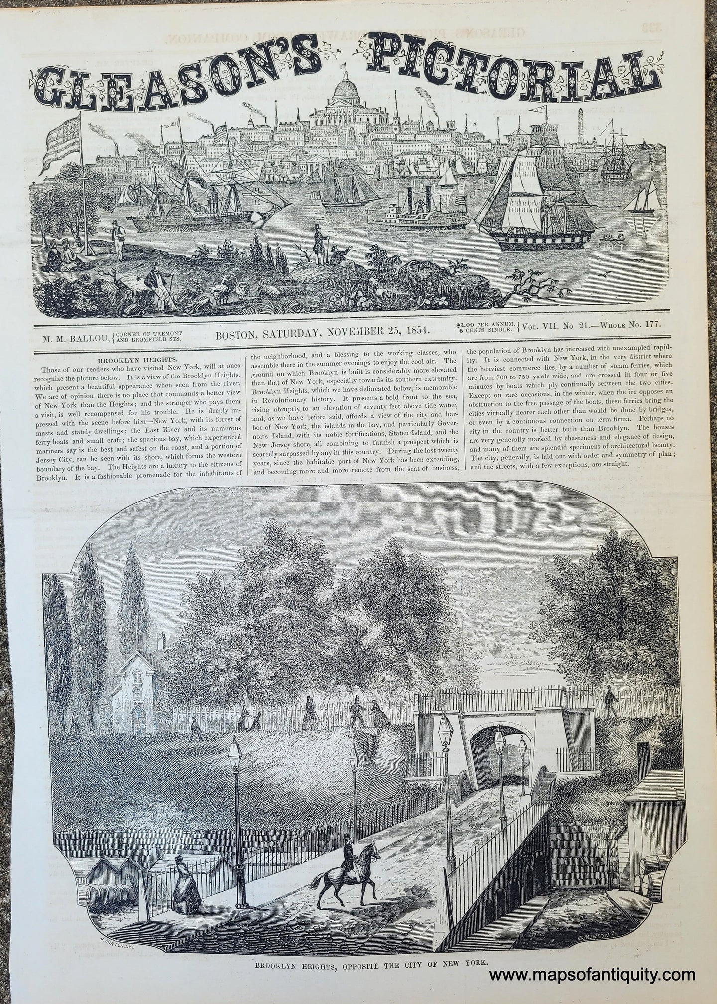 Genuine-Antique-Illustration-Print-Brooklyn-Heights,-Opposite-the-City-of-New-York-1854-Gleason's-Pictorial-Drawing-Room-Companion-PRN076-Maps-Of-Antiquity