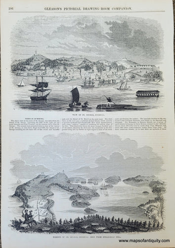 Genuine-Antique-Illustration-Print-View-of-St-George,-Bermuda,-and-Harbor-of-St-George,-Bermuda,-seen-from-Sugar-loaf-Hill.-1854-Gleason's-Pictorial-Drawing-Room-Companion-PRN072-Maps-Of-Antiquity