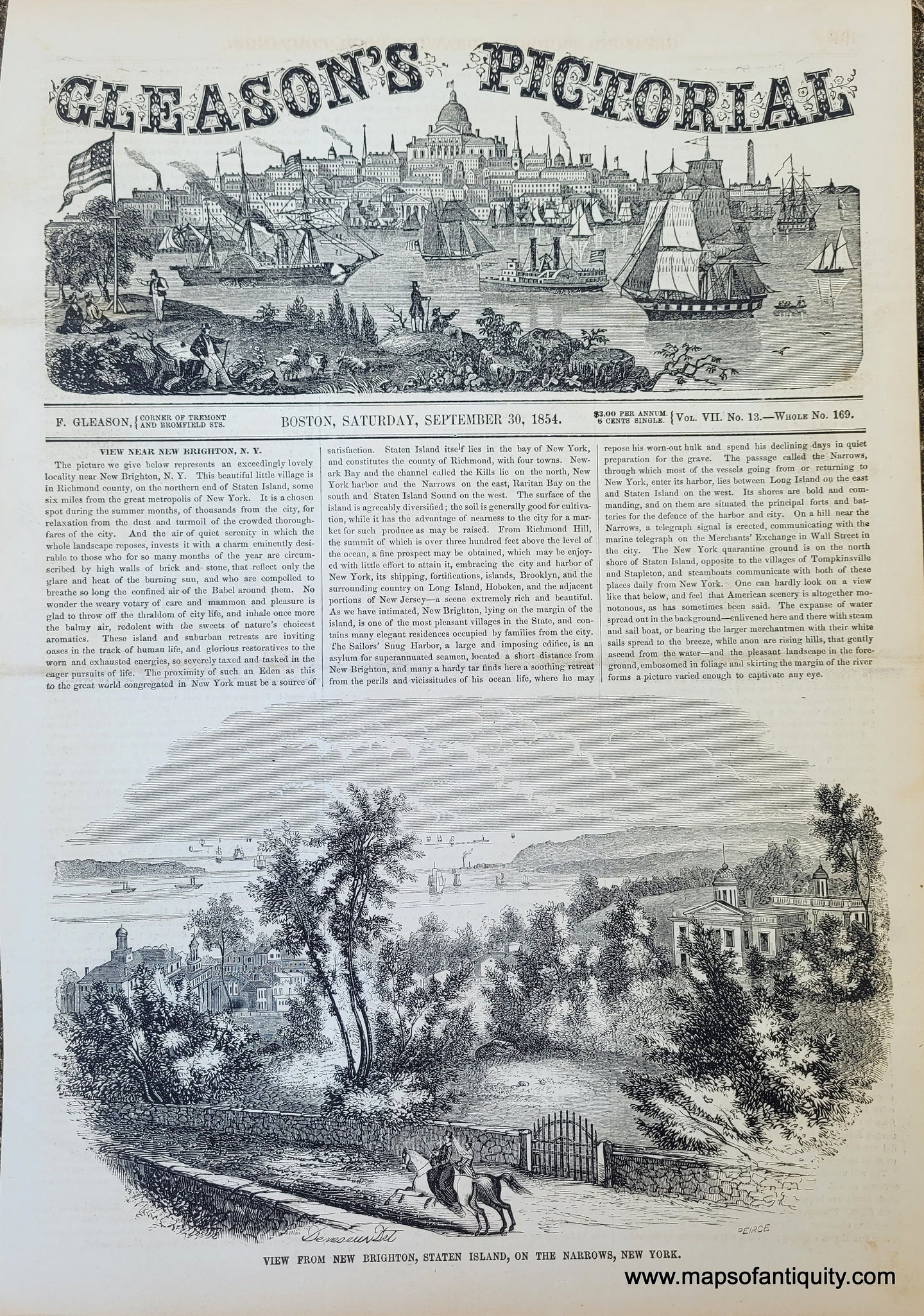 Genuine-Antique-Illustration-Print-View-from-New-Brighton,-Staten-Island,-on-the-Narrows,-New-York-1854-Gleason's-Pictorial-Drawing-Room-Companion-PRN068-Maps-Of-Antiquity