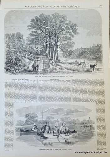 Genuine-Antique-Illustration-Print-View-on-the-Harlem-River,-Near-High-Bridge,-New-York-and-Representation-of-an-Amateur-Fishing-Scene-1854-Gleason's-Pictorial-Drawing-Room-Companion-PRN067-Maps-Of-Antiquity