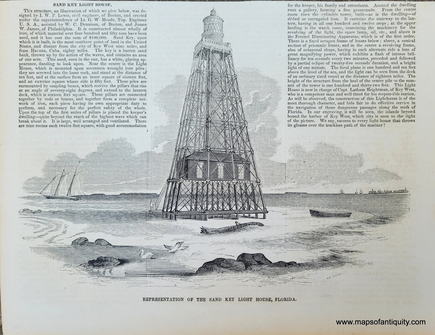 Genuine-Antique-Illustration-Print-Representation-of-the-Sand-Key-Light-House,-Florida-1854-Gleason's-Pictorial-Drawing-Room-Companion-PRN062-Maps-Of-Antiquity