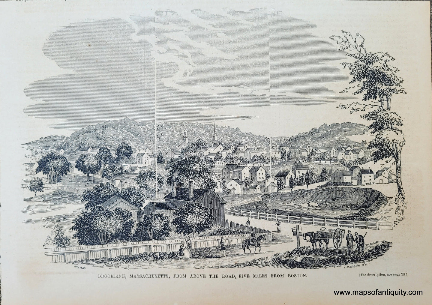 Genuine-Antique-Illustration-Print-Brookline,-Massachusetts,-from-above-the-Road,-Five-Miles-from-Boston-1854-Gleason's-Pictorial-Drawing-Room-Companion-PRN045-Maps-Of-Antiquity