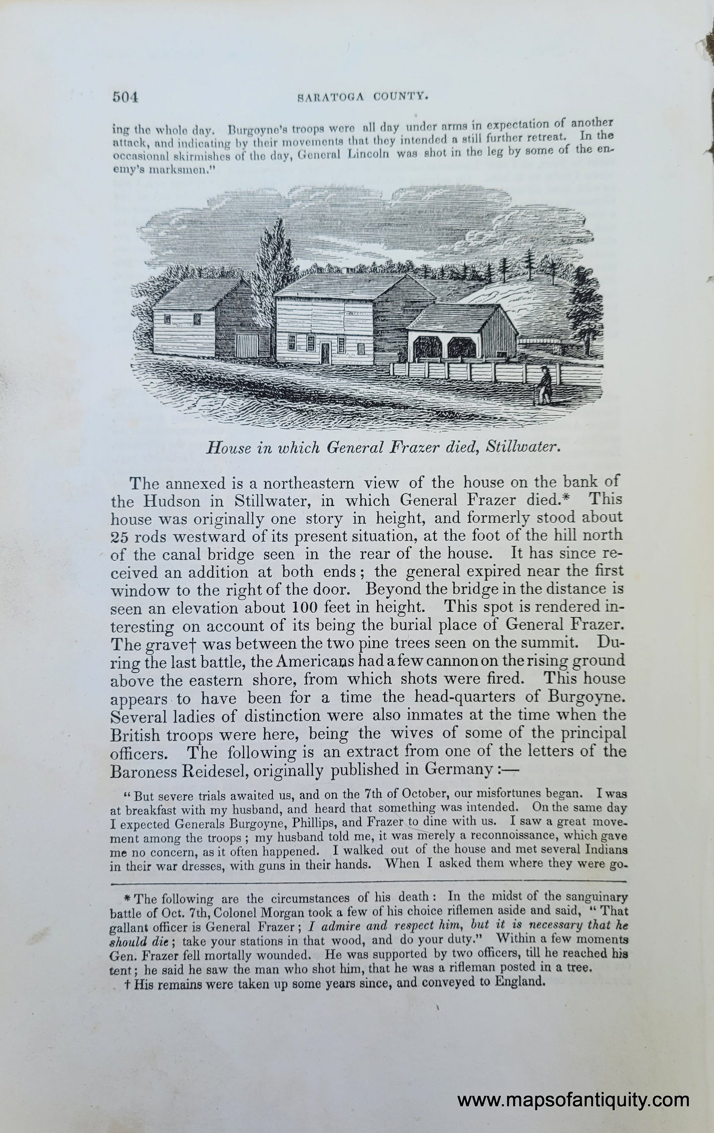 Genuine-Antique-Illustration-House-in-which-General-Frazer-died,-Stillwater-(NY)-1841-Barber-Maps-Of-Antiquity