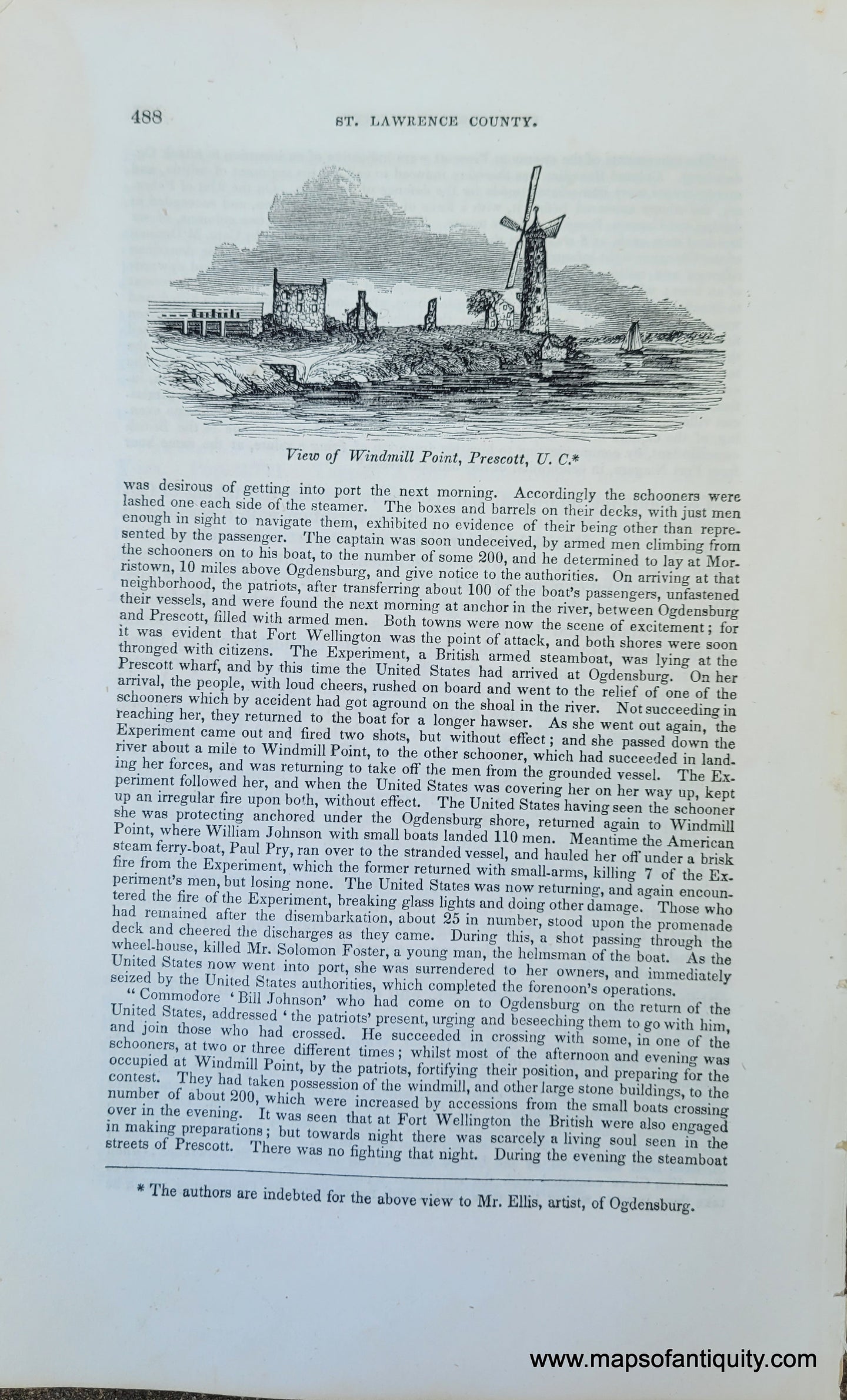 Genuine-Antique-Illustration-View-of-Windmill-Point,-Prescott,-U.C.-(Upper-Canada,-Ontario)-1841-Barber-Maps-Of-Antiquity