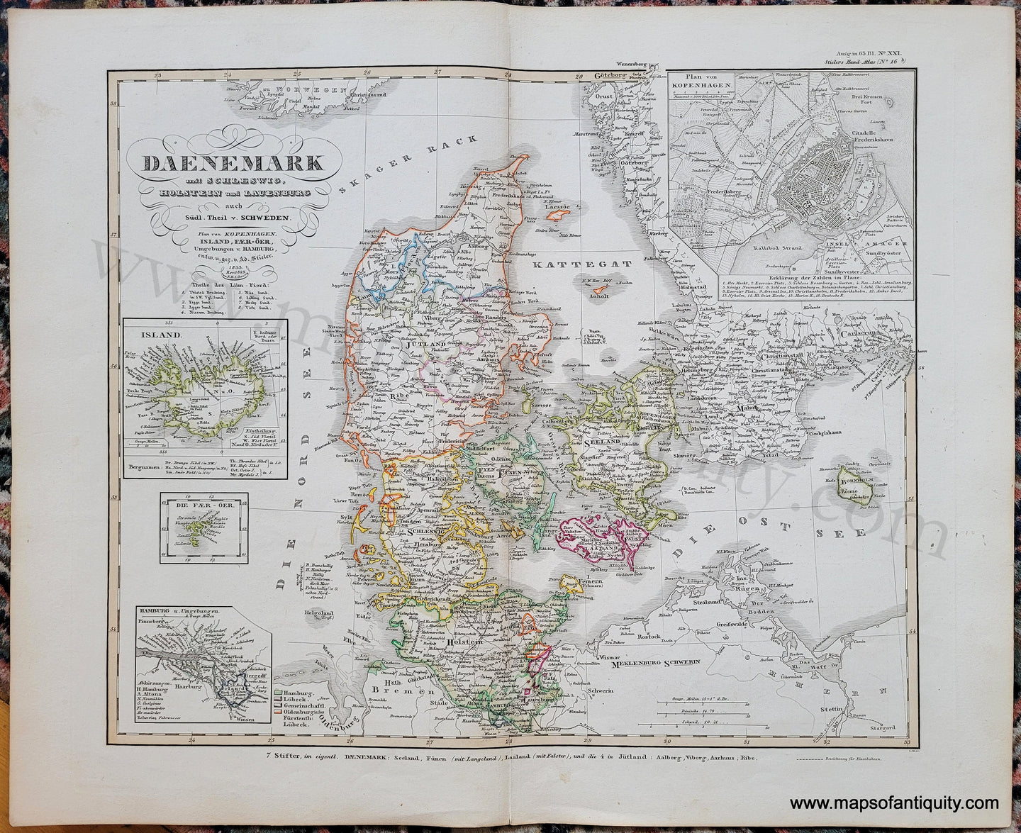 Antique-Hand-Colored-Map-Denmark-Iceland-Copenhagen-Scandinavia---Daenemark-und-Schleswig-Holstein-und-Lauenburg-auch-Sudl.-Theil-v.-Schweden-Europe-Scandinavia-circa-1849-Stieler-Maps-Of-Antiquity