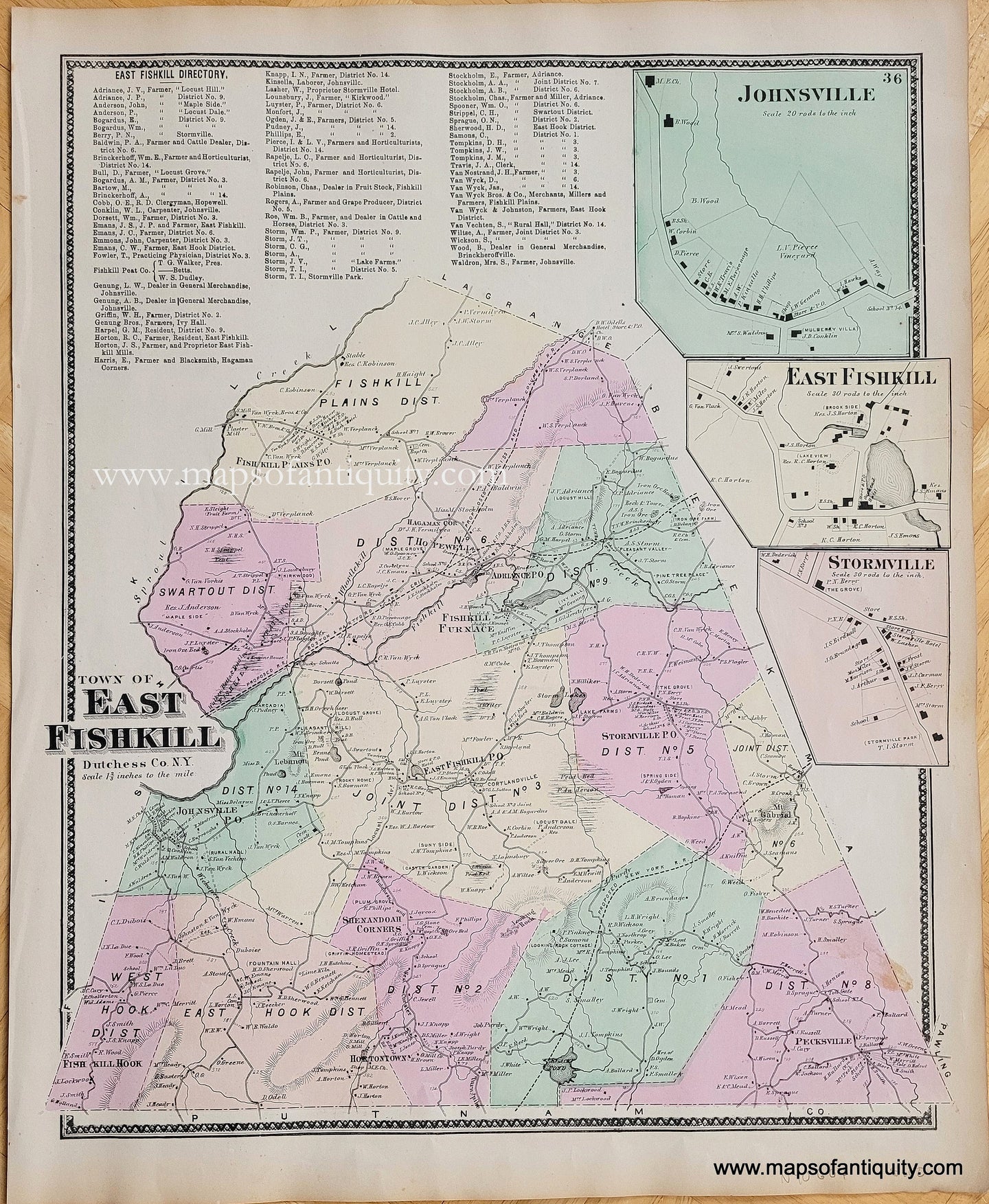 Antique-Hand-Colored-Map-Town-of-East-Fishkill-(NY)-******-United-States-New-York-1867-Beers-Ellis-and-Soule-Maps-Of-Antiquity